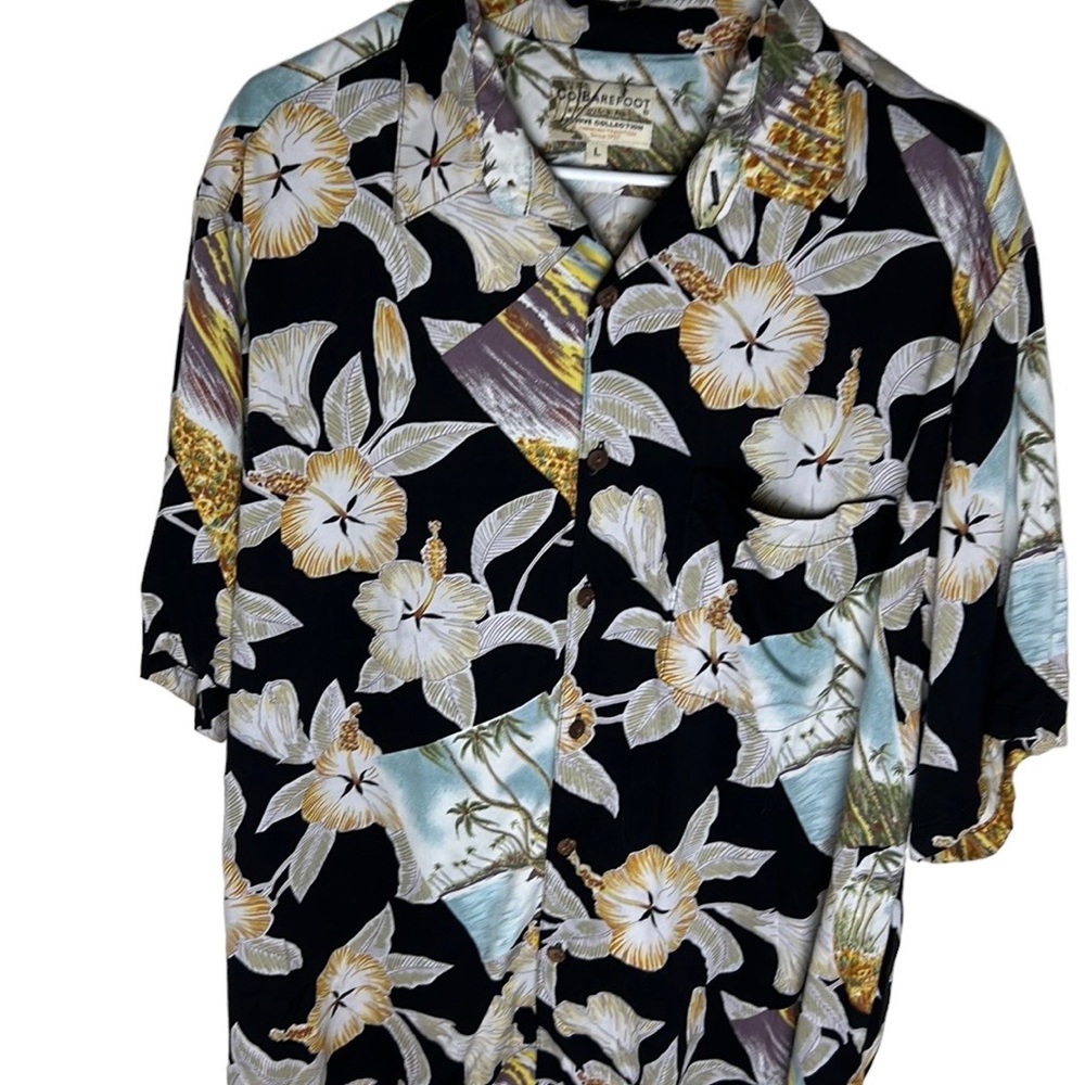 Go Barefoot Hawaiian Tropical Button Up Shirt Mens Size L